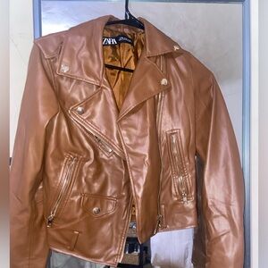 Zara Women's Tan faux Leather Biker Jacket